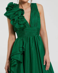 Emerald Green Ruffle Shoulder V-Neck Chiffon Gown