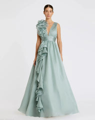 Green Ruffle Shoulder V-Neck Chiffon Gown