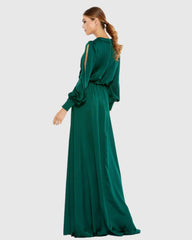 Green Bishop Sleeve Faux Wrap Gown