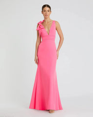 Pink Sleeveless V Neck Bow Detail Mermaid Gown