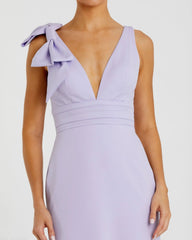 Purple Sleeveless V Neck Bow Detail Mermaid Gown