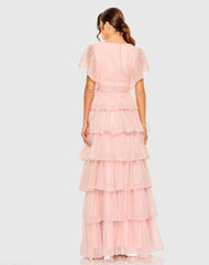 Pink Flutter Sleeve Ruffle Tiered Gown