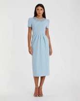 Blue Short Sleeve Rhinestone Neckline Sheath Dress