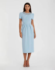 Blue Short Sleeve Rhinestone Neckline Sheath Dress