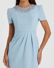 Blue Short Sleeve Rhinestone Neckline Sheath Dress