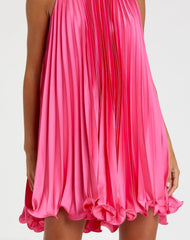 Pink Pleated Halter Neck Flowy Mini Trapeze Dress