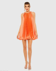 Orange Pleated Halter Neck Flowy Mini Trapeze Dress