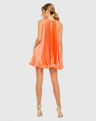 Orange Pleated Halter Neck Flowy Mini Trapeze Dress