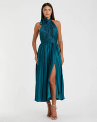 Teal Pleated Charmeuse High Neck Sleeveless Midi Dress
