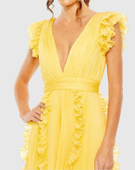 Yellow Pleated Chiffon V Neck Ruffle Midi Dress