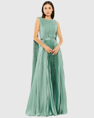 Green Sleeveless High Neck Cape Back Heat Pleated Gown