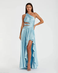 One Shoulder Pleated Charmeuse Gown with Slit