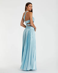 Blue One Shoulder Pleated Charmeuse High Low Gown