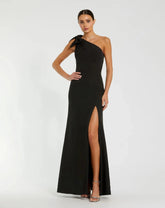 Black Crepe One Shoulder Fitted Evening Gown With Bow