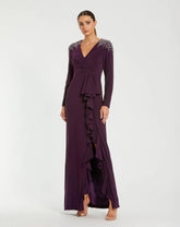 Purple Long Sleeve Gown with Cascading Ruffle & Rhinestone Shoulders