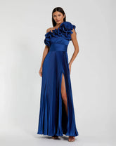 Pleated Charmeuse One-Shoulder Evening Gown with Ruffle Detail