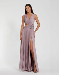 Purple Ruched Chiffon Sleeveless Gown With 3D Flower