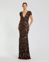 Brown Beaded Embellished V Neck Cap Sleeve Column Gown