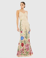 Beige Floral Embellished Spaghetti Strap Gown