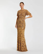 Gold Embellished High Neck Flutter Sleeve Gown
