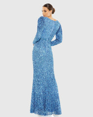 Blue Puff Shoulder Sequined Surplice Gown