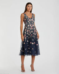 V-Neck Sleeveless Midi Floral Beaded A-line Dress