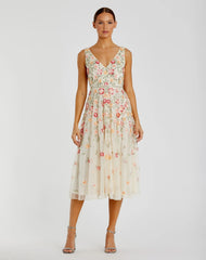 V-Neck Sleeveless Midi Floral Beaded A-line Dress
