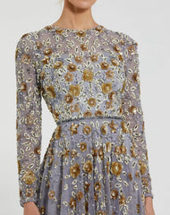 Platinum Embellished High Neck Long Sleeve A Line Gown