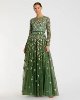 Green Embellished High Neck Long Sleeve A Line Gown