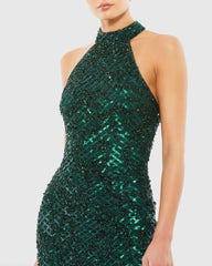 Green Embellished Halter Midi Dress