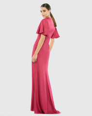 Pink Flounce Sleeve V-Neck Trumpet Gown