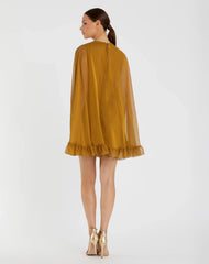 Dark Yellow High Neck Ruffle Hem Cape Mini Dress