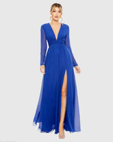 Blue V-Neck Front Twist Long Sleeve Gown