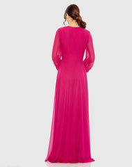 Purple V-Neck Illusion Long Sleeve Chiffon Gown