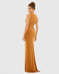 Brown Pleated Bodice Jersey Column Gown