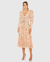 Pink Floral Embellished Wrap Over Puff Sleeve A Line Gown