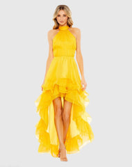 Yellow Ruffle Tiered High Low Pleated Halter Neck Gown