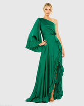 Green Long One Sleeve Asymmetrical Ruffle Hem Gown
