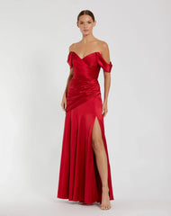 Satin Off The Shoulder Crossover Gown
