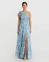 Blue Floral Chiffon One Shoulder Gown