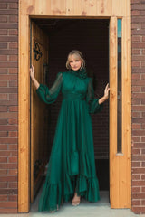 Green High Low Long Sleeve Chiffon Gown With 3D Flower