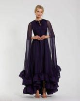 Purple Chiffon Cape Sleeve Ankle-Length Dress With Keyhole
