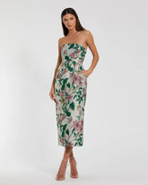 Multicolor Floral Brocade Strapless Fitted Midi Dress
