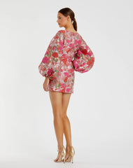 Pink Floral Brocade Balloon Sleeve Mini Dress