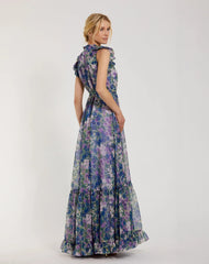 Purple Printed Chiffon Ruffle Sleeve Gown With Bow Belt