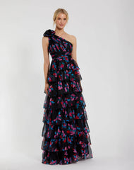 Black Floral Chiffon One Shoulder Tiered Ruffle Gown