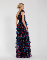 Black Floral Chiffon One Shoulder Tiered Ruffle Gown