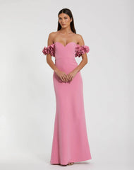 Crepe Off The Shoulder Gown With 3D Flowers