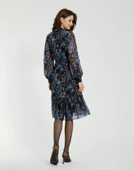 Blue Lurex Chiffon Bishop Sleeve Button Up Midi Dress