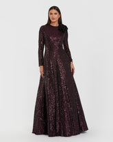 Dark Purple Long Sleeve Sequin Ball Gown With 3D Flower